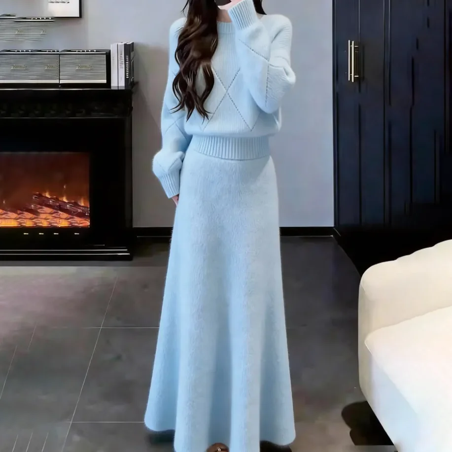 Damen Strick-Zweiteiler Set mit Diamant-Textur Pullover und Hochgeschnittener A-Linien-Maxirock Weicher Flauschiger Warmer Winter-Anzug