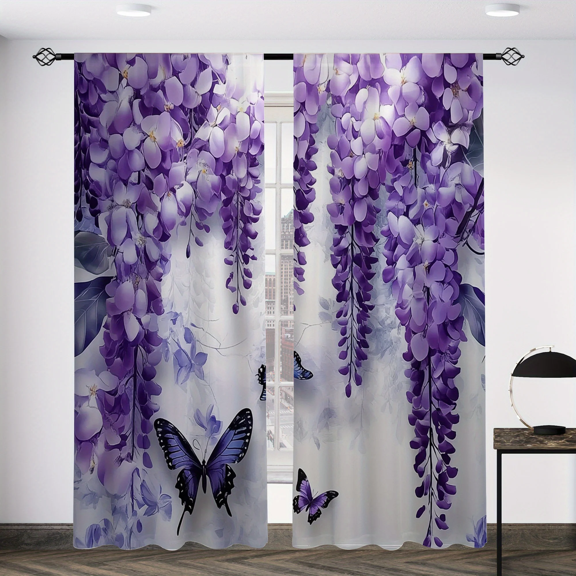 Wisteria Floral Butterfly Print Curtain Window Drape Purple Blossom Home Decoration Panel for Living Room Bedroom