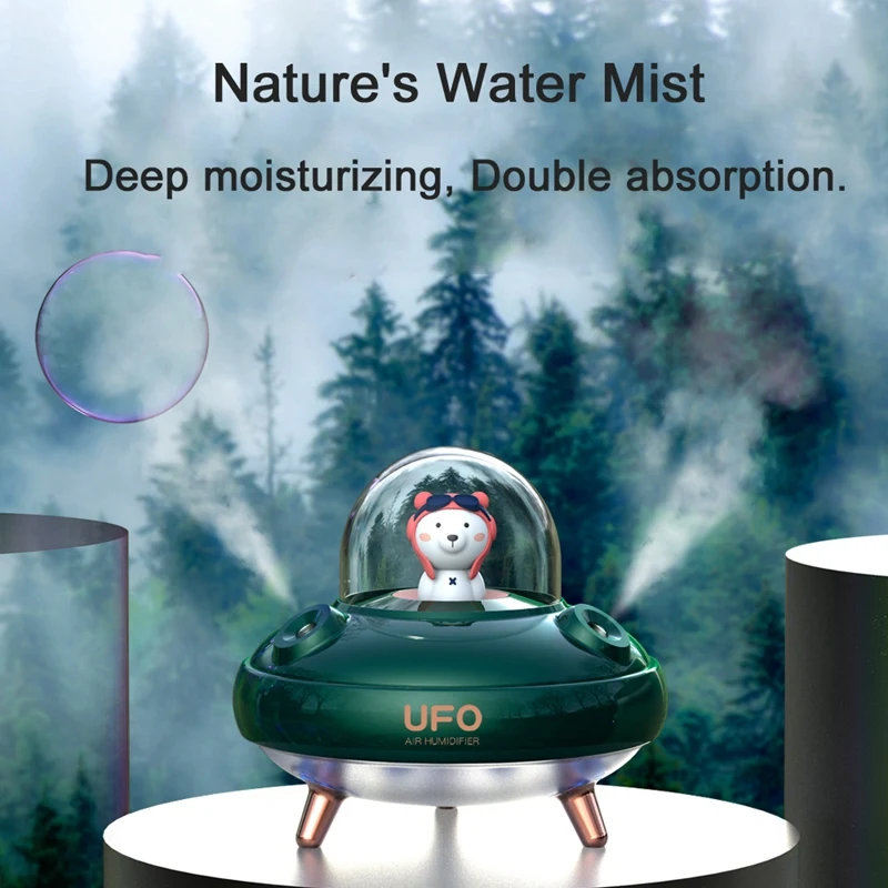 듀얼 노즐 UFO 가습기 데스크탑 공기 가습기, 귀여운 행성 곰 LED 조명, 초음파 아로마 에센셜 오일 디퓨저