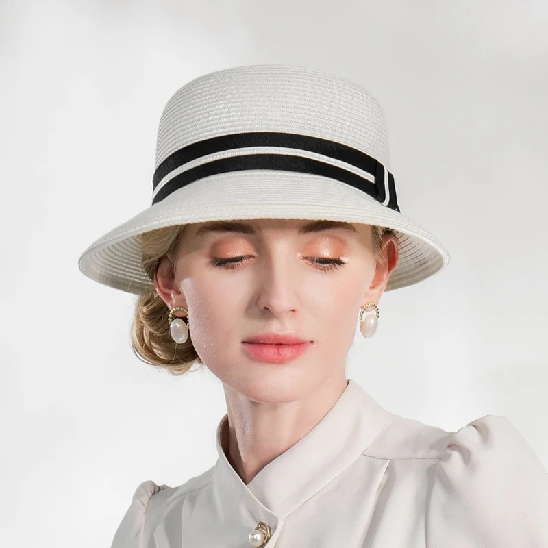 X4155 Lady Travel Hat Wide Brim Sun Cap Women Sun Cap Protection Summer Fedora Hats Women Sun Hat Summer Trend White Straw Hat