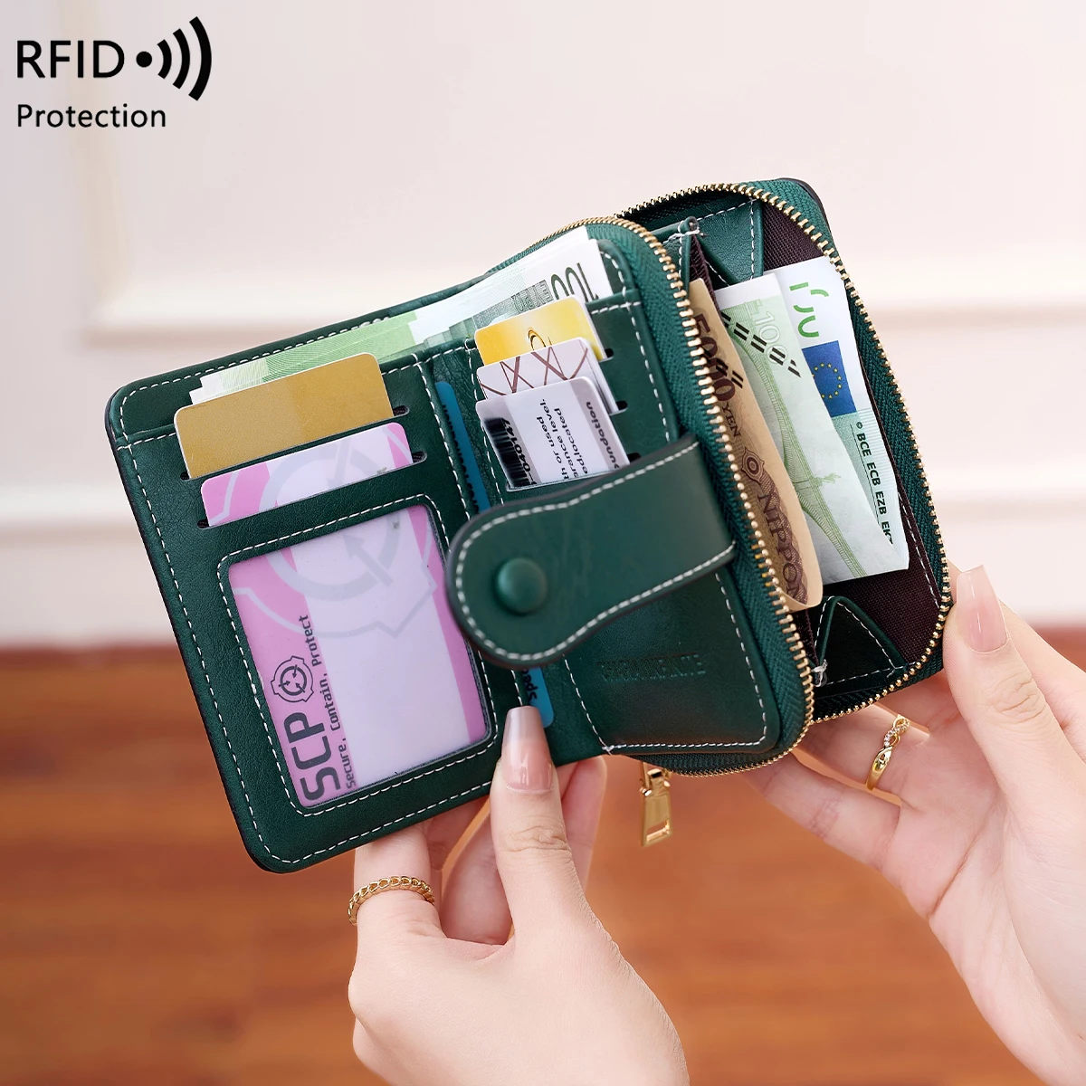 Women\'s RFID Blocking Wallet Multi-Card Holder Zipper Buckle Short Money Clip Retro Coin Wallet Functional Design