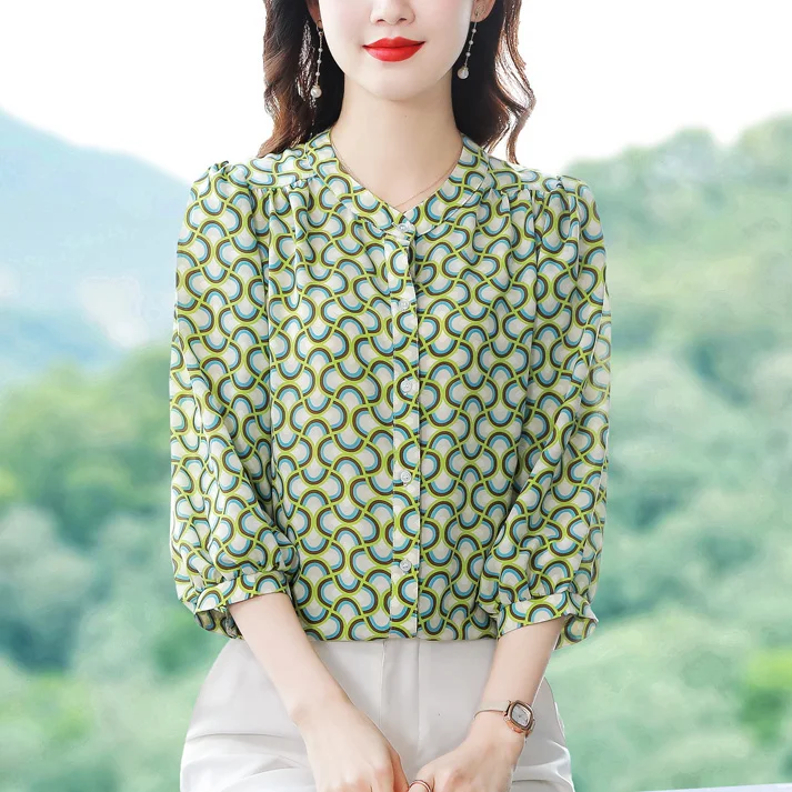 

Шифоновый топ с рукавом три четверти для женщин, новинка 2025 года, модная женская рубашка с принтом, летняя женская рубашка с рукавами-фонариками