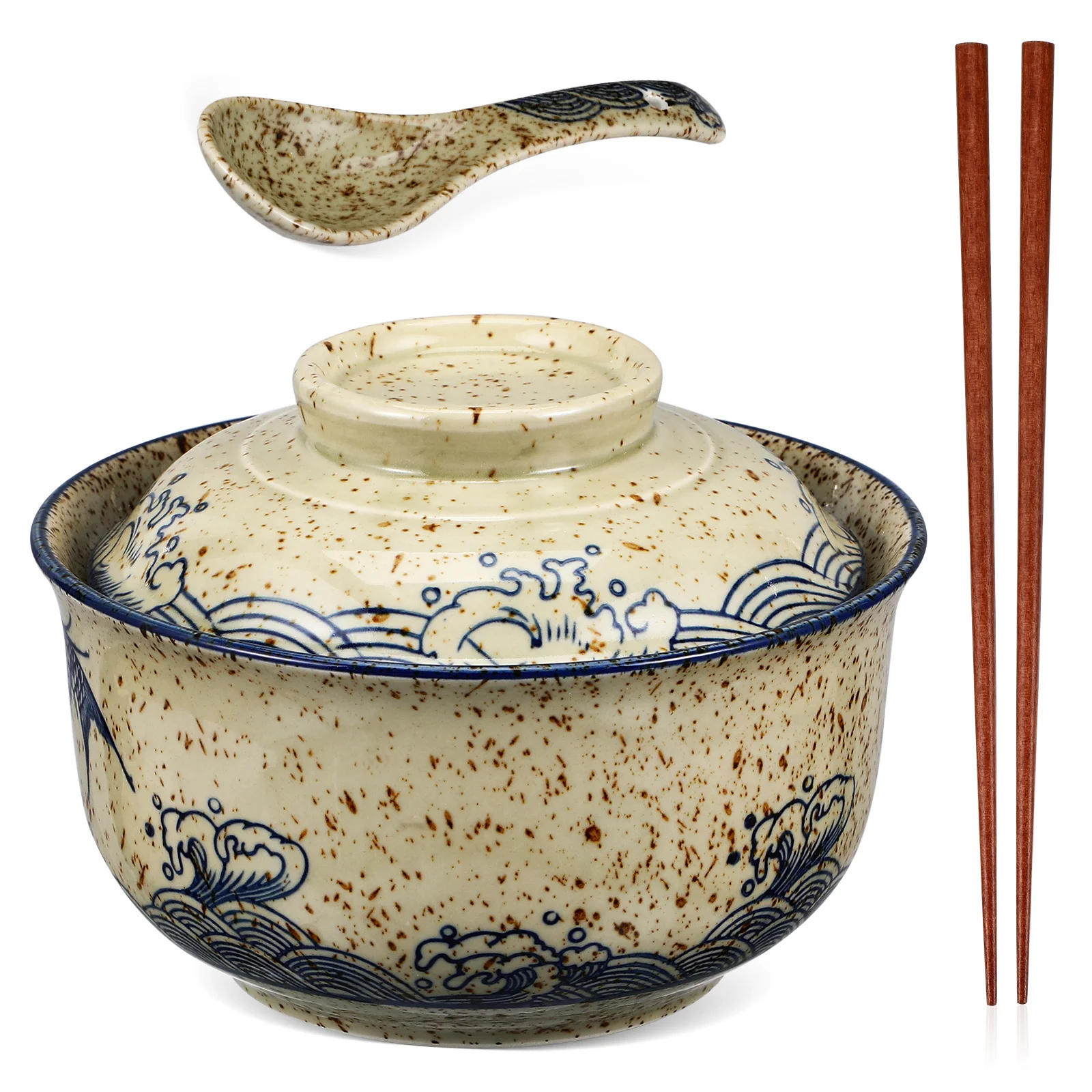 

1Set Ramen Bowl Set Ceramic Noodle Soup Bowl with Lid Spoon Chopsticks for Convenient Storage Elegant Dining Design