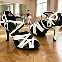 Black White Latin Dance Shoes for Womens Soft Bottom Indoor Jazz Tango Cha Cha Party High Heel Girl Dancing  Hollow Out Sandals - Image 2