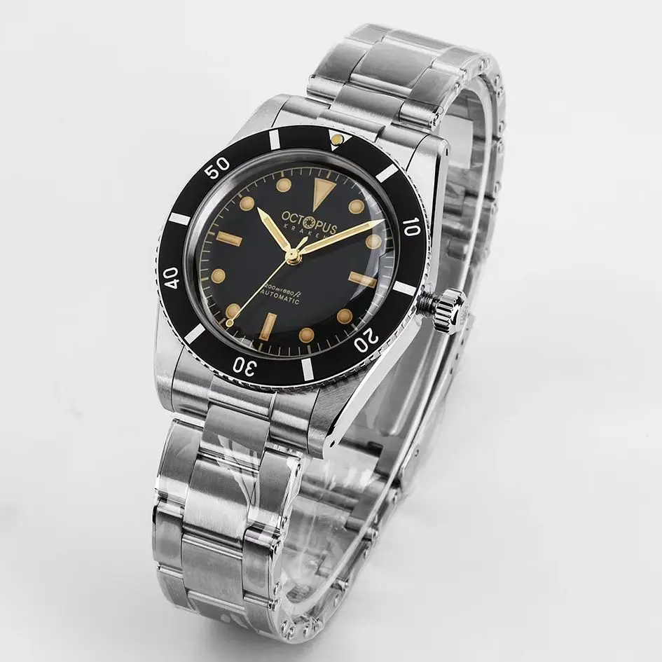 Octopus Men Automatic Watch Pilot 37mm Mechanical Wristwatch Dive 200M Waterproof BGW-9 Luminous Aluminium Bezel PT5000 Military