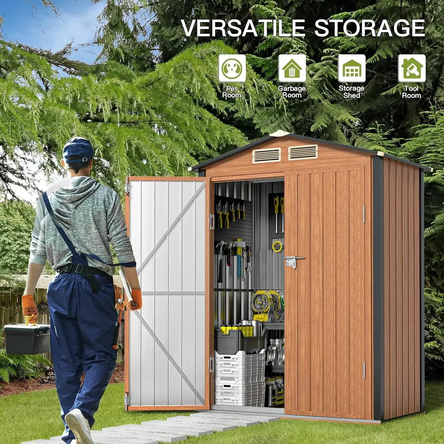 Outdoor Storage Shed,  Lockable Door, Vertical Outside Storage Building for Garden, Backyard, Lawn, Patio Utility, Tool Storage