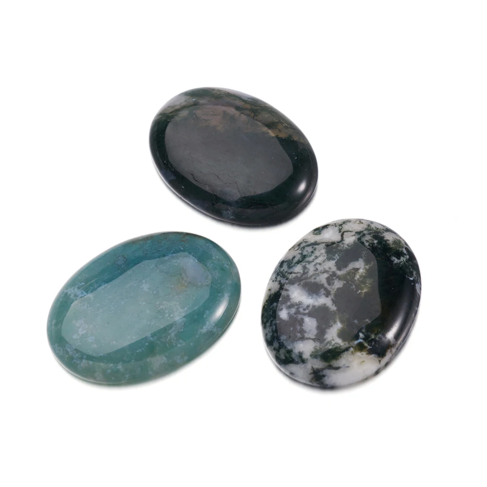 Smooth Polishing Natural Moss Agate Cabochons 14mm 25mm 30mm 35mm 40mm Undyed Oval Flat Back, about 10~30mm wide,5~9.5mm thick