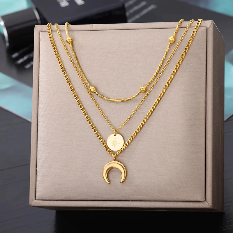 Stainless Steel Geometry Star Moon Pendant Multilayer Chain Choker Necklace For Women Wedding Accessories Dropshipping