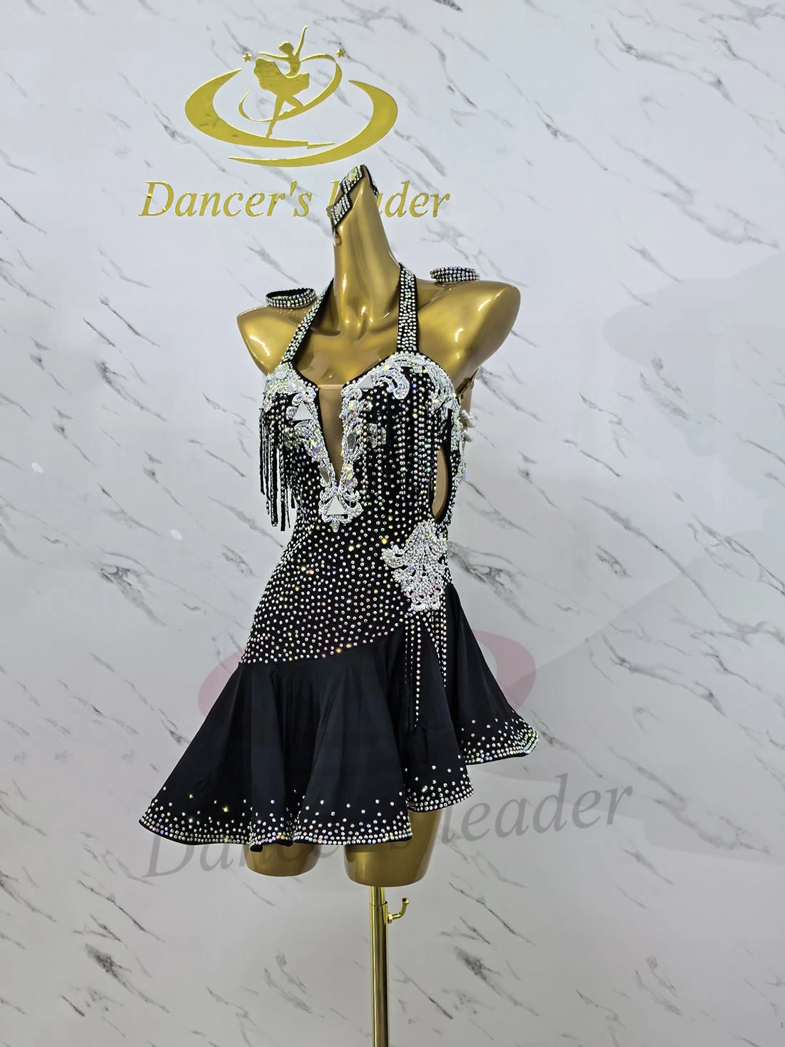 Latin Dance Adult And Children'S Dress AB Stone High End Customized Black Hanging Neck Dress Cha Cha Tango Women'S Clothing