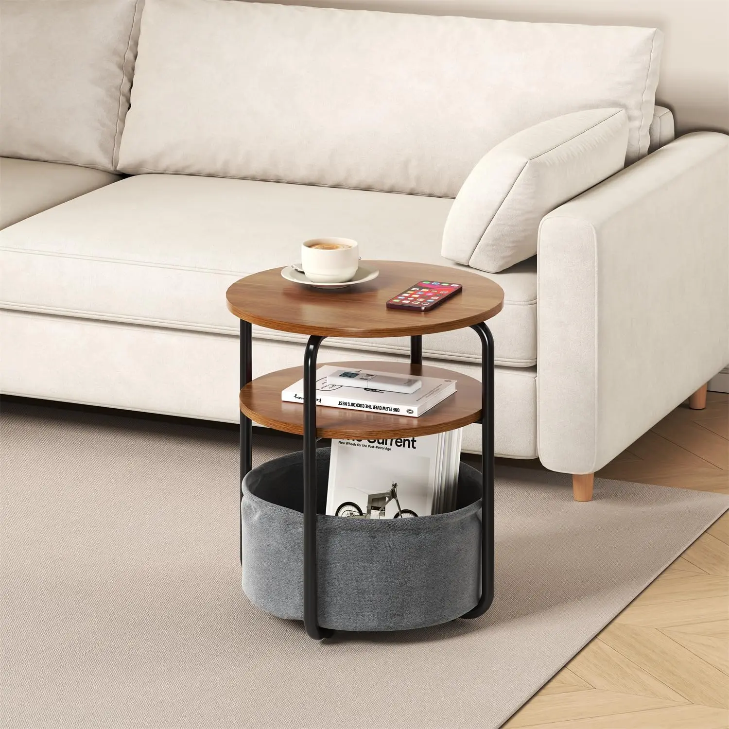 Modern Round Side End Table with Fabric Storage Basket, 3-Tier Small Nightstand with Metal Frame & Density Board Top, Compact Accent Table for Small Space Living Room Bedroom