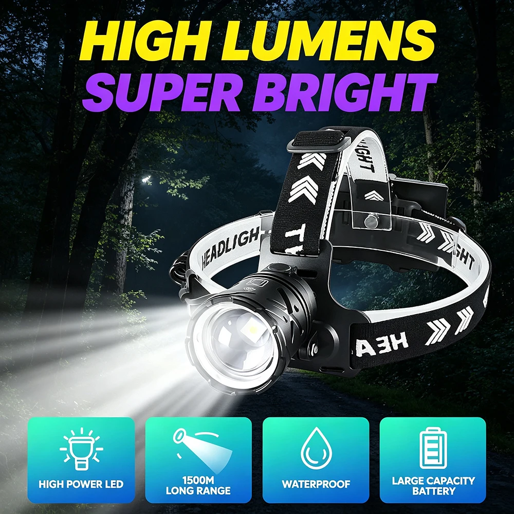 Long Lighting Wick Super Bright Headlight High Power Headlamp Strong Light Head Lamp USB Rechargeable Zoomable Camping Fishing