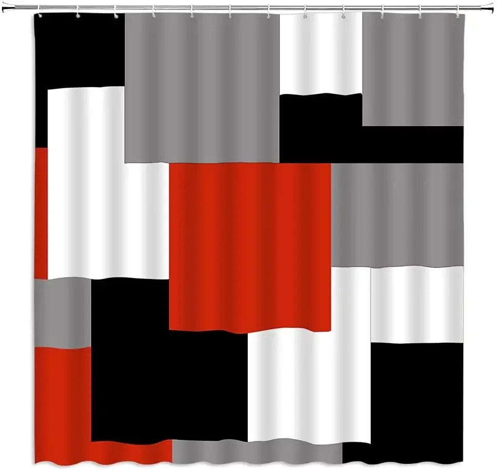 Black White Gray Orange Geometric Pattern Shower Curtain Abstract Modern Bathroom Decoration Fabric Bath Curtains with Hooks Set