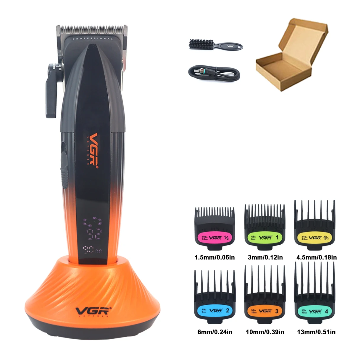 VGR V-889C Professionele Tondeuse Vervagen DLC Blade 9000 RPM 2 Snelheden Draadloos met Basislader Volledig Metalen LCD Kapsel Machine