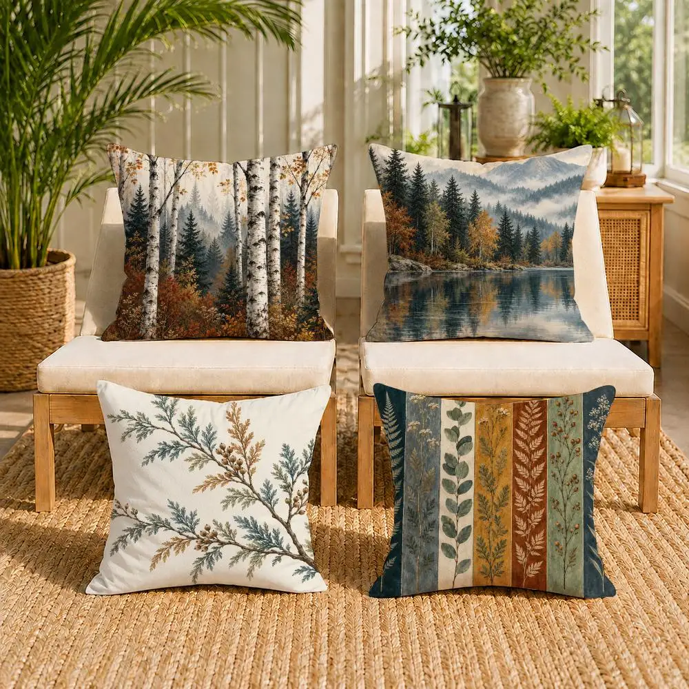 Autumn Woodland Forest Fern Pinecone Cushion Cover Double-Sided Plush Sofa Cushion Covers Organic Breathable Invisible Zipper