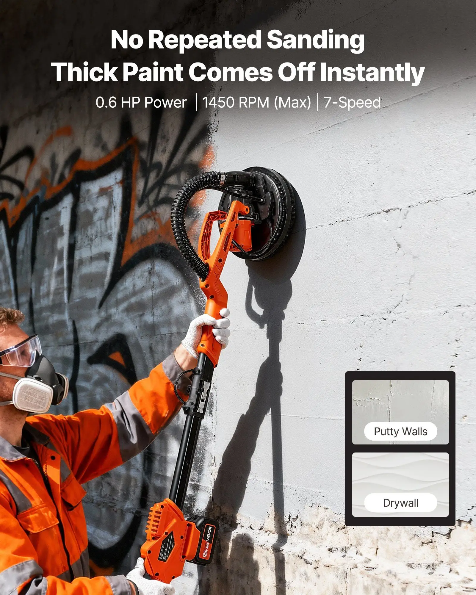 

Cordless Drywall Sander, 450W Electric Sander, Popcorn Ceiling Removal Tool with Vacuum Dust Collection, 7 Variable Speed