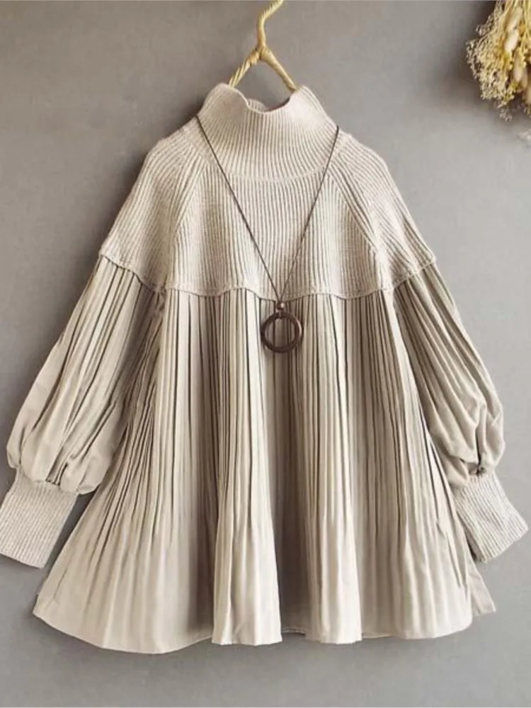 

New Turtleneck Folds Knitted Loose Lantern Sleeve Sweaters Women Fashion Solid Pull Ins Vintage Autumn Winter Patchwork Sweater