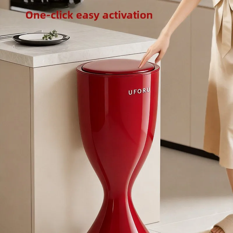 Plastic Trash Can Push Type Double Layer with Lid No Bending Waste Basket for Kitchen Large Capacity Movable Garbage Bin