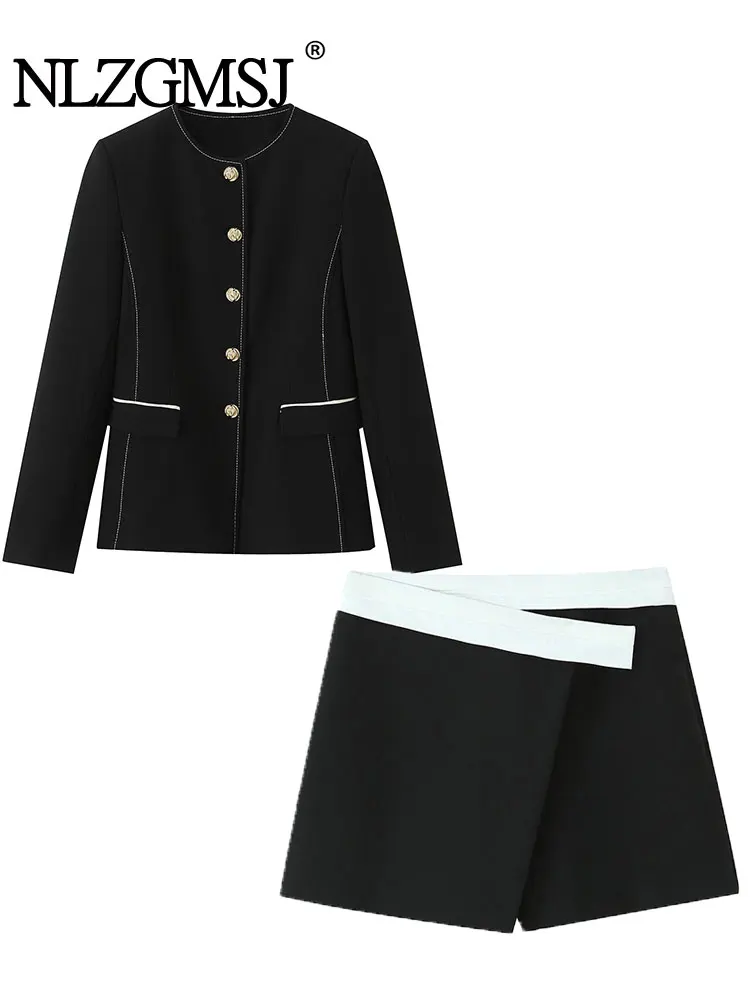 

NLZGMSJ Women Casual Color Blocking Shorts Set Long Sleeve Blazer Shorts Autumn Fashion Holiday Commuter Mujer Sets