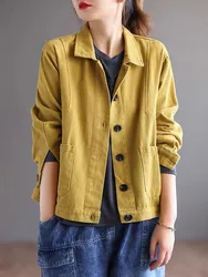 100% Cotton Women Casual Short Jackets New Arrival 2022 Autumn Korean Style Solid Color All-match Female Outerwear Coats B2149