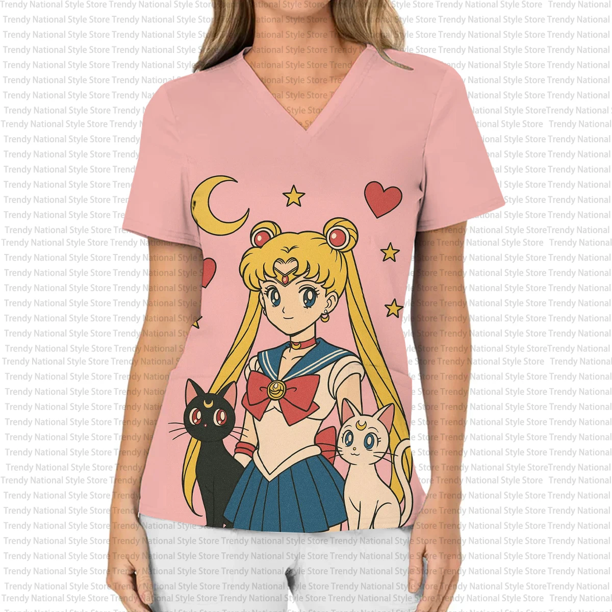 Nuovo abito chirurgico medico da donna, stampa di cartoni animati casual ed elegante, top smerigliato con tasca con scollo a V stile dentista, regalo di Natale