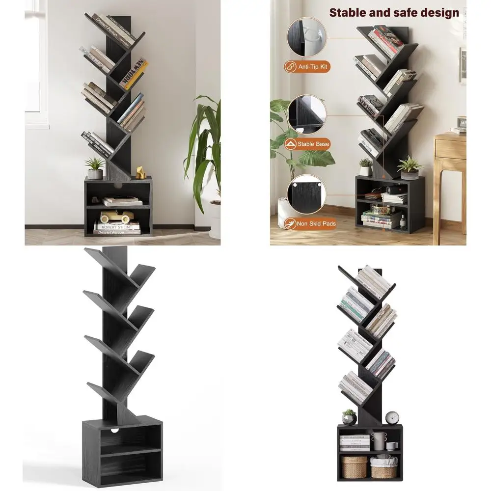 

6-Tier Modern Bookshelf with Storage, Compact Floor Standing Organizer for Home Office, Living Room, or Bedroom in Black