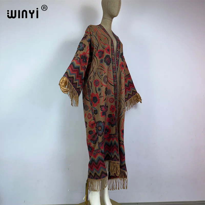 WINYI-Casaco de luxo longo para mulheres, casaco de passarela, borla estampada, casaco grosso, jaqueta quente, moda, inverno, outono