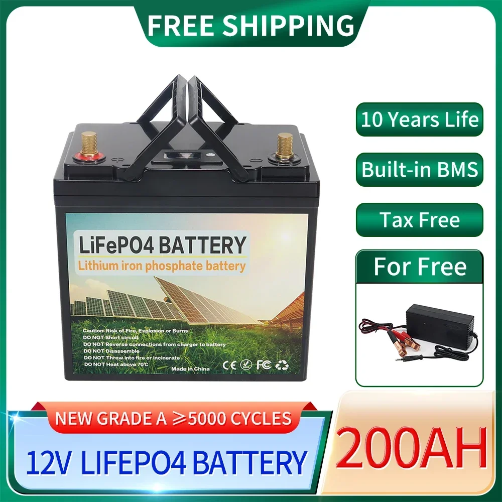 

12V LiFePO4 Battery 200Ah 100Ah Built-in BMS Lithium Iron Phosphate Cell 5000 Cycles For RV Campers Golf Cart Solar With Charger