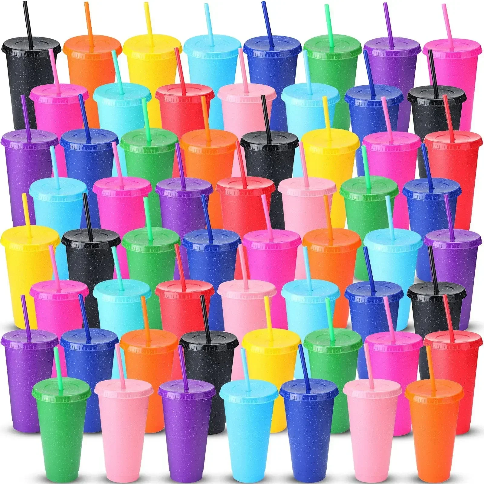 

72 Pcs Glitter Reusable Cup with Straws and Lids, Plastic Tumbler with Lids and Straws Bulk Color Party Coffee