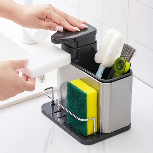 Dispensador de jabón de acero inoxidable + soporte para esponja, almacenamiento de limpieza de cocina 2 en 1, a prueba de fugas y fácil de limpiar
