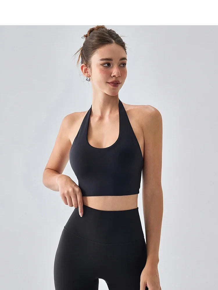 الصلبة اللون عارية الذراعين الرقبة حزام الصدرية للمرأة امتصاص الصدمات تشغيل اليوغا تانك الأعلى مع وسادة الصدر مثير رياضة سترة يوجا رياضية #4