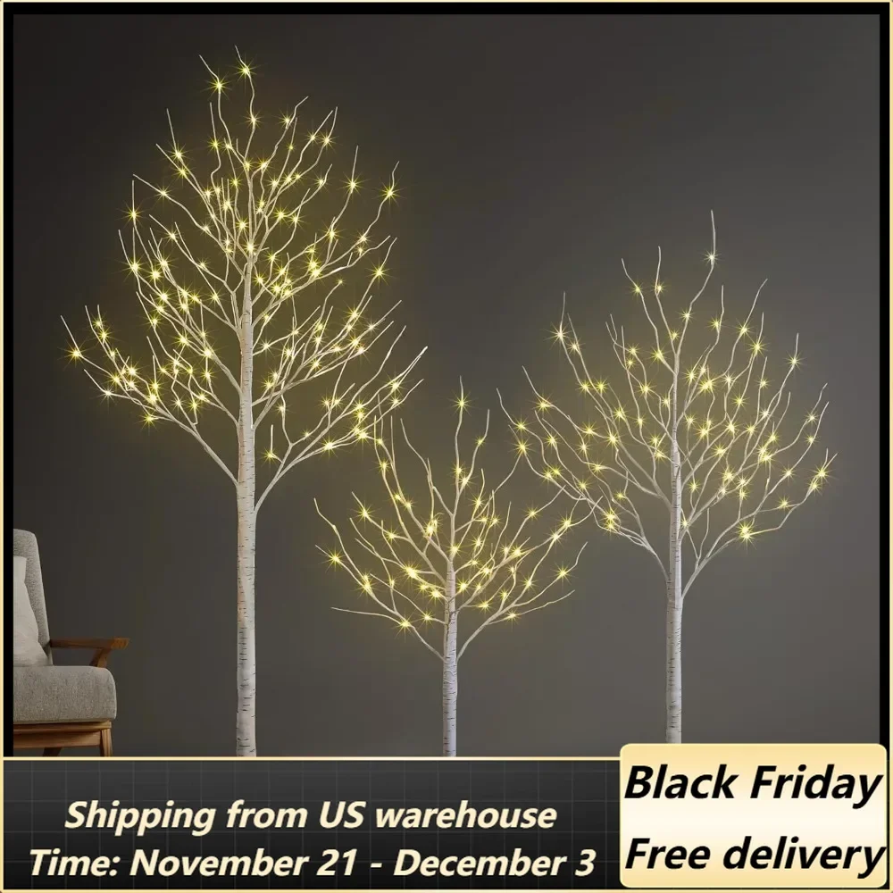 Set of 3 Lighted Birch Tree 4FT 6FT and 8FT LED Artificial Tree for Decoration Inside and Outside, Home Patio Wedding Festival