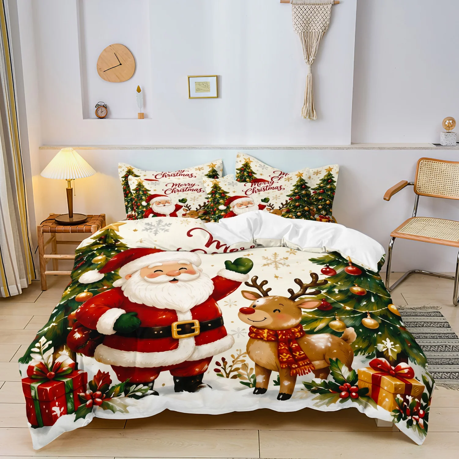  3Pcs Santa & Reindeer Christmas Print Duvet Cover Set, Xmas Trees Gift Boxes and Snowflakes Print Bedding