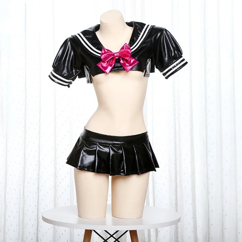 

Anime Pu Leather Sailor Suit Cute Female Student Uniform Japanese Bow Sweet Girl Costume Cosplay Mini Skirt Set Out Outfits