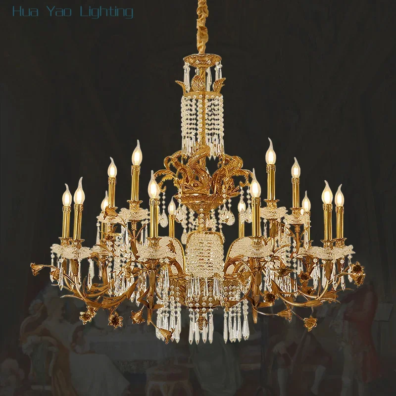 European Duplex Living Room Elegant Crystal Brass Chandelier French Classic Baroque Villa Lobby Pendant Lamp