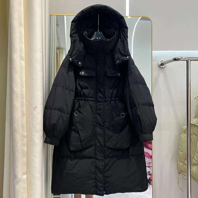 2023 Winter Long White duck down jacket High street Solid Thick warm Female Loose Coat White belt Ladies Outerwear