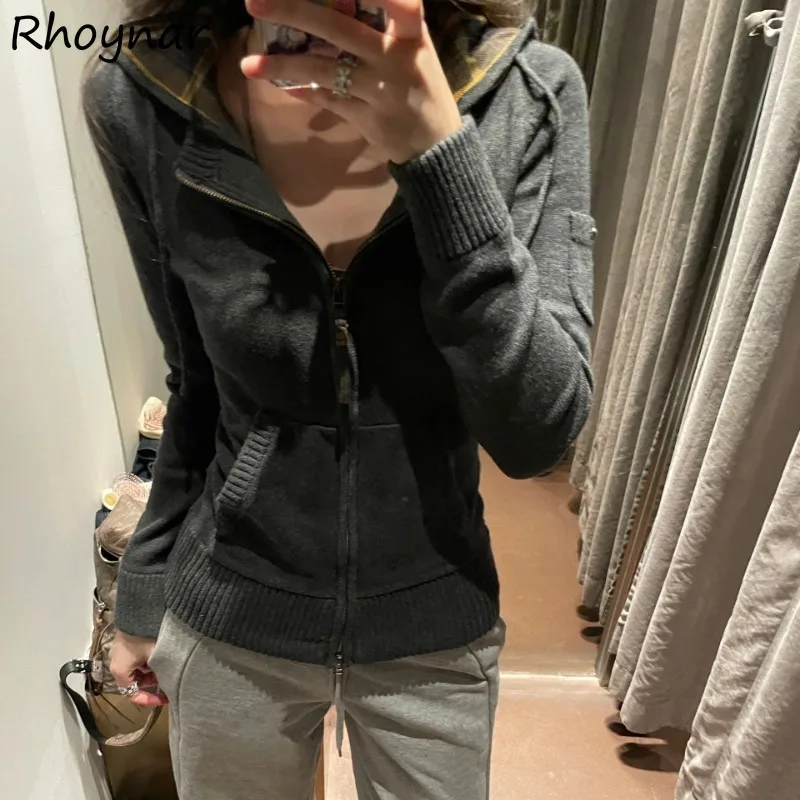 

Кардиганы женские с капюшоном в клетку в стиле пэчворк дизайн ретро тонкие пальто свитер на молнии корейский стиль универсальная уличная одежда для отдыха осень