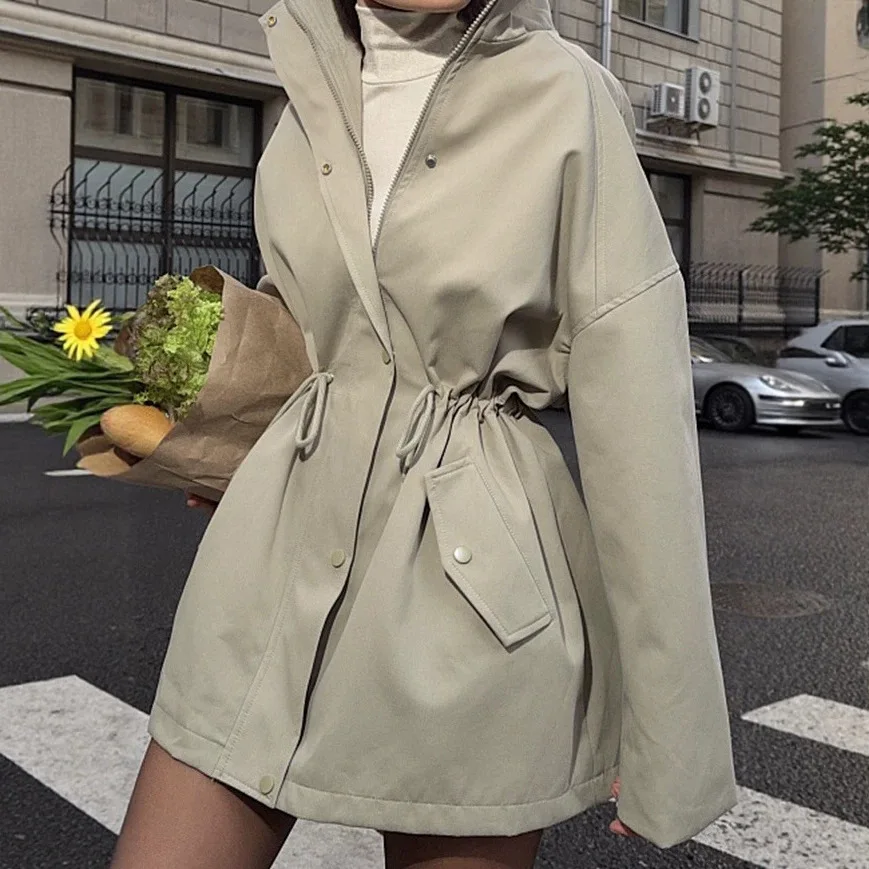 2026 Autumn Winter Women’s Stand Collar Mid‐Length Trench Coat Drawstring Waist Loose Fit Windbreaker Casual Outer Coat