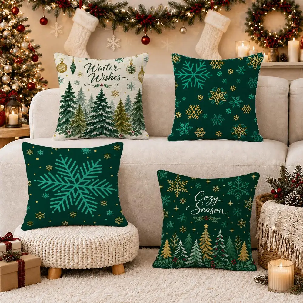 4PC Winter Pine Christmas Cushion Cover Plush Pillow Case Home Decor Sofa Double-Sided Print Living Room Festival Gift 3