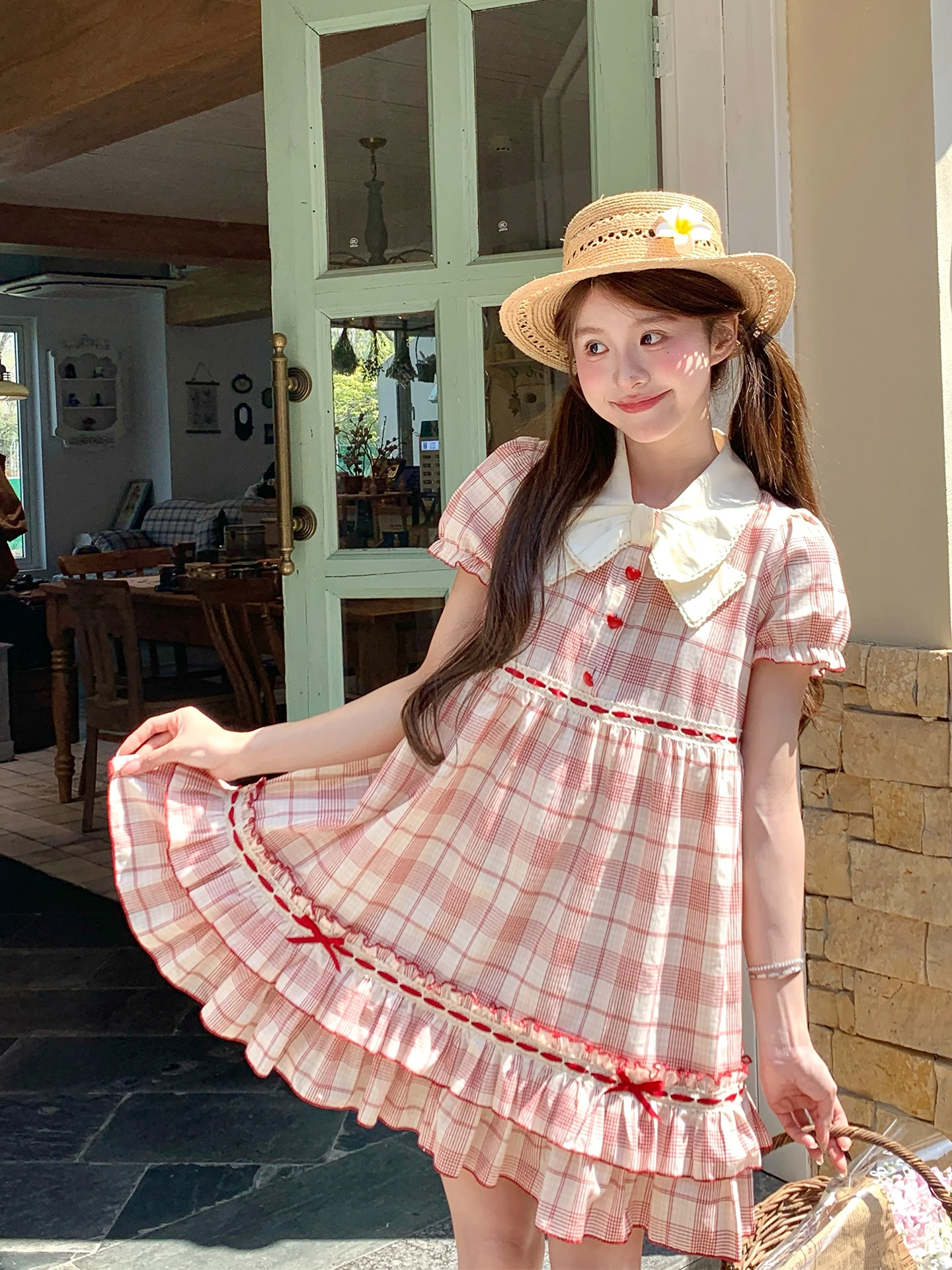 

Tokyo Seasonal JK Summer New Red And Beige Plaid Dress Sweet Young Girl Lace Trim Skirt Dress Cotton Short Sleeve Button up D...