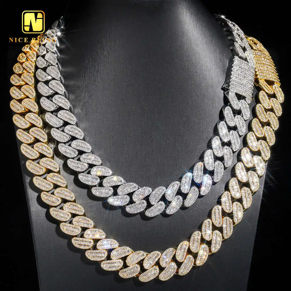 Luxury Thick Baguette Cz Cuban Link Chains Factory Price Iced Out Hip Hop Jewelry Brass 20mm Cubic Zirconia Necklaces for Men