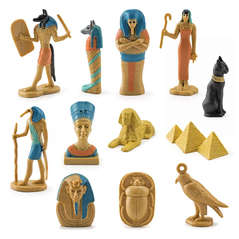 12Pcs Simulation Ancient Egyptian Queen Leopard Head Pyramid Mummy Box Static Model Ornaments Kids Cognitive Toys Birthday Gift