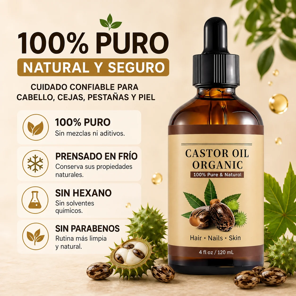 Organic Castor Oil 120ml 100% Pure Natural Oil for Hair Eyelash Eyebrow Nail Skin Care