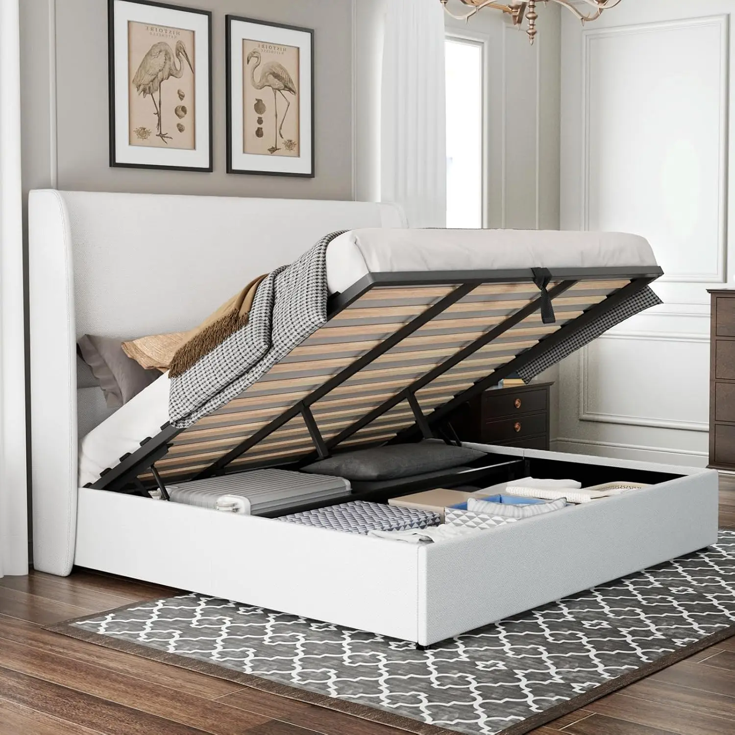 Linen Wingback Storage Bed Frame King Size Lift Up Upholstered Platform Bedroom Furniture, Customized