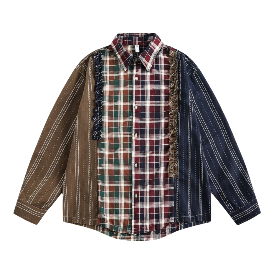Patchwork Plaid Shirts Mens Streetwear Hip Hop Long Sleeve Shirt for Men Oversized Harajuku Vintage Japan Style Casual Blouse
