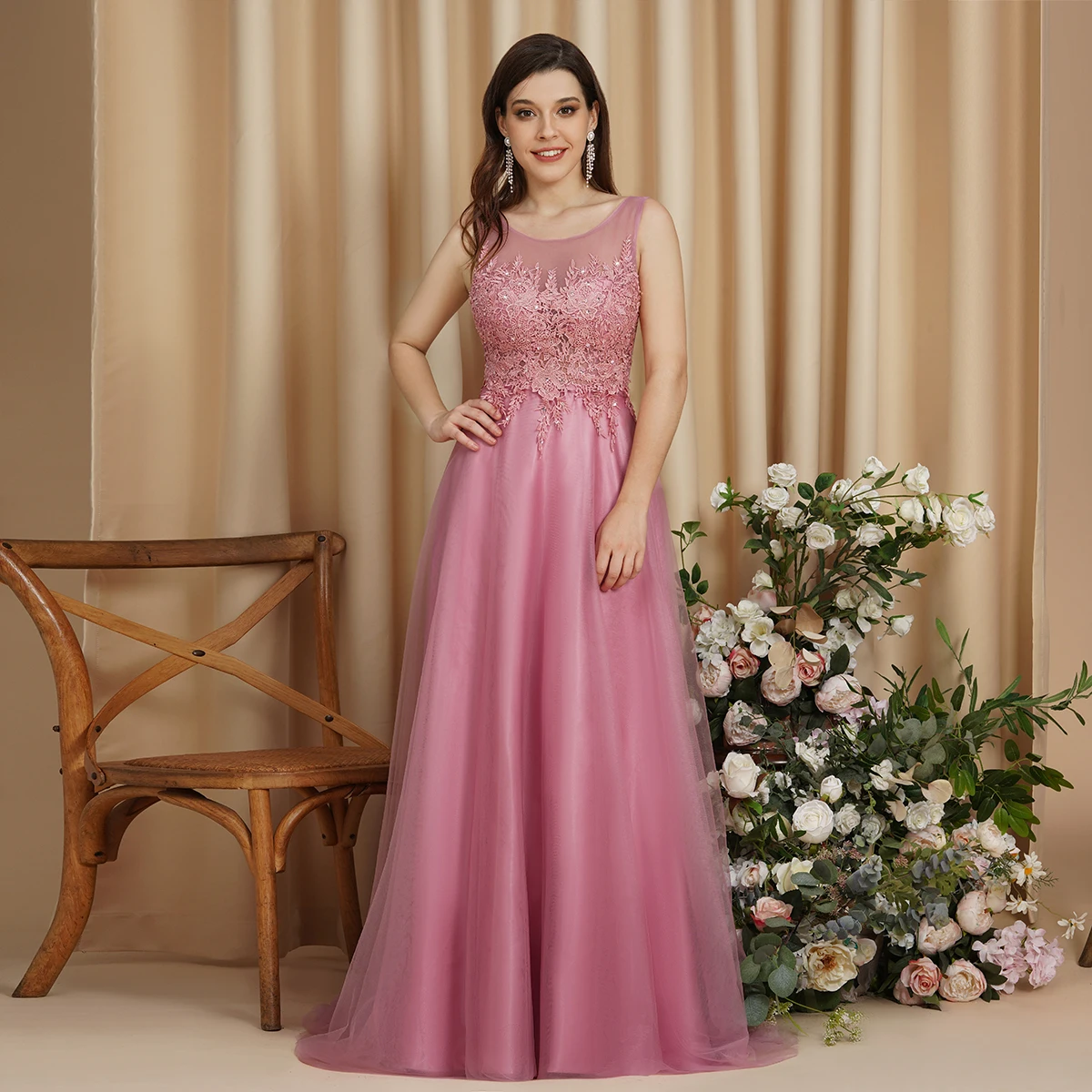 

STEPHANIE Lace & Tulle Bridesmaid Dress - Dusty Rose Scoop Neck Floor-Length Gown for Weddings, Prom, Formal Occasions