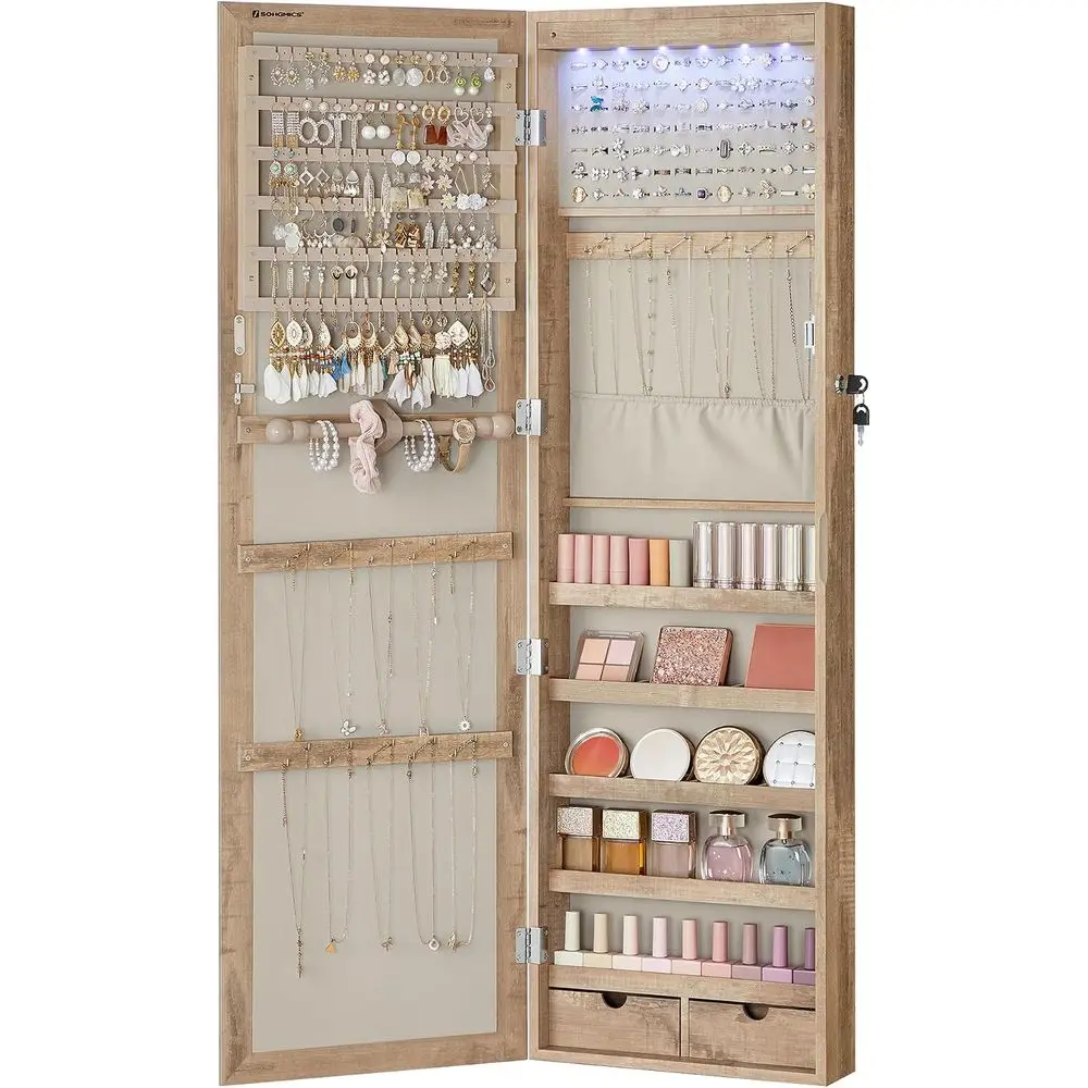 6 LEDs Mirror lry Cabinet, 47.2-Inch Tall Lockable Wall or Door Mounted lry Armoire Organizer with Mirror, 2 Ders, 3.9 x 14.6 x