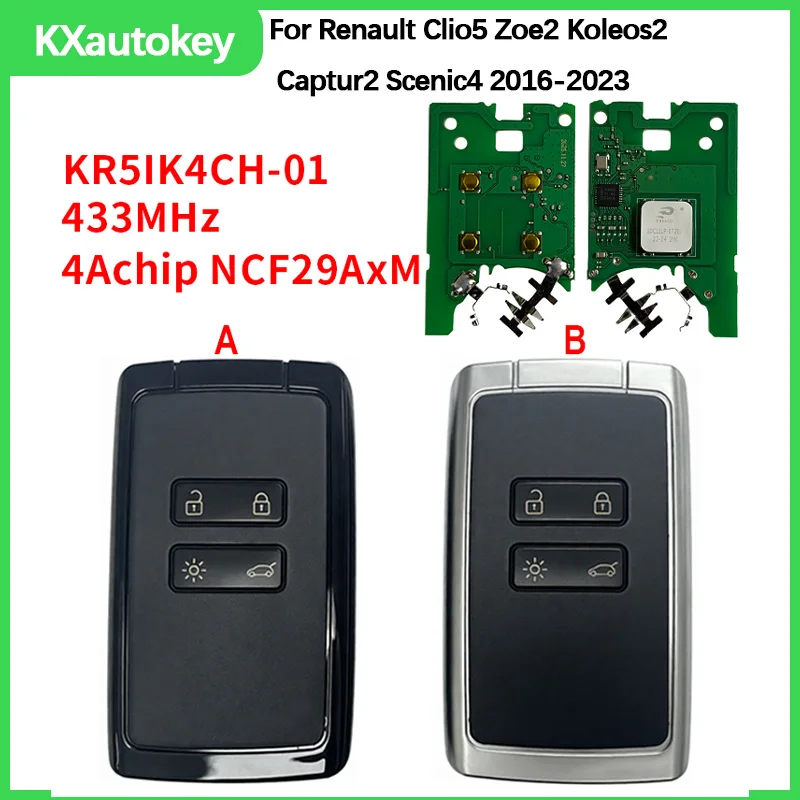 

Смарт-ключ KXK010003 для Renault Clio5, Zoe2, Koleos2, Captur2, Scenic4 2016-2023, замена чипа 4A, FCCID-KR5IK4CH-01, NCF29AXM