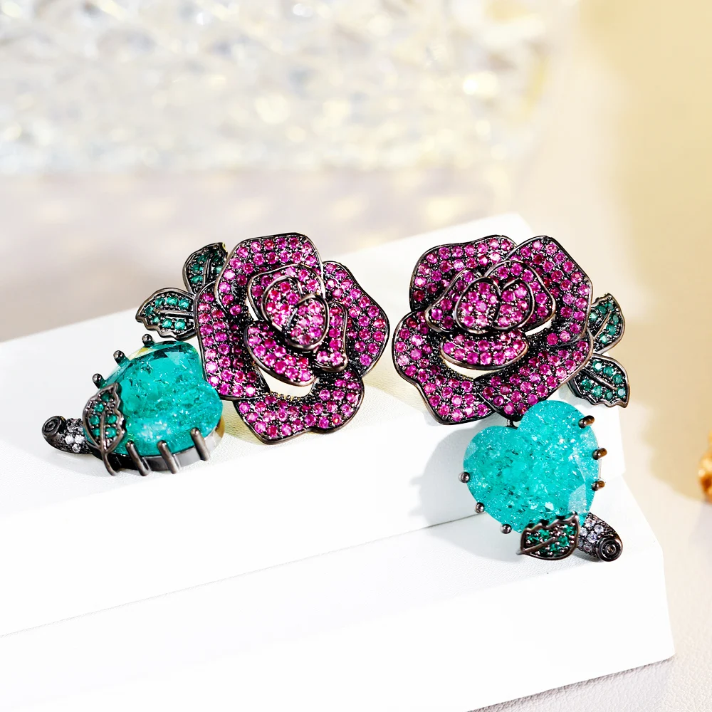 CWWZircons Beliebte Kreative Rosa Rote CZ Große Blumen-Herz-Hängeohrringe für Verlobung und Festlichkeiten für Damen Großhandel E0884 – Detail 5