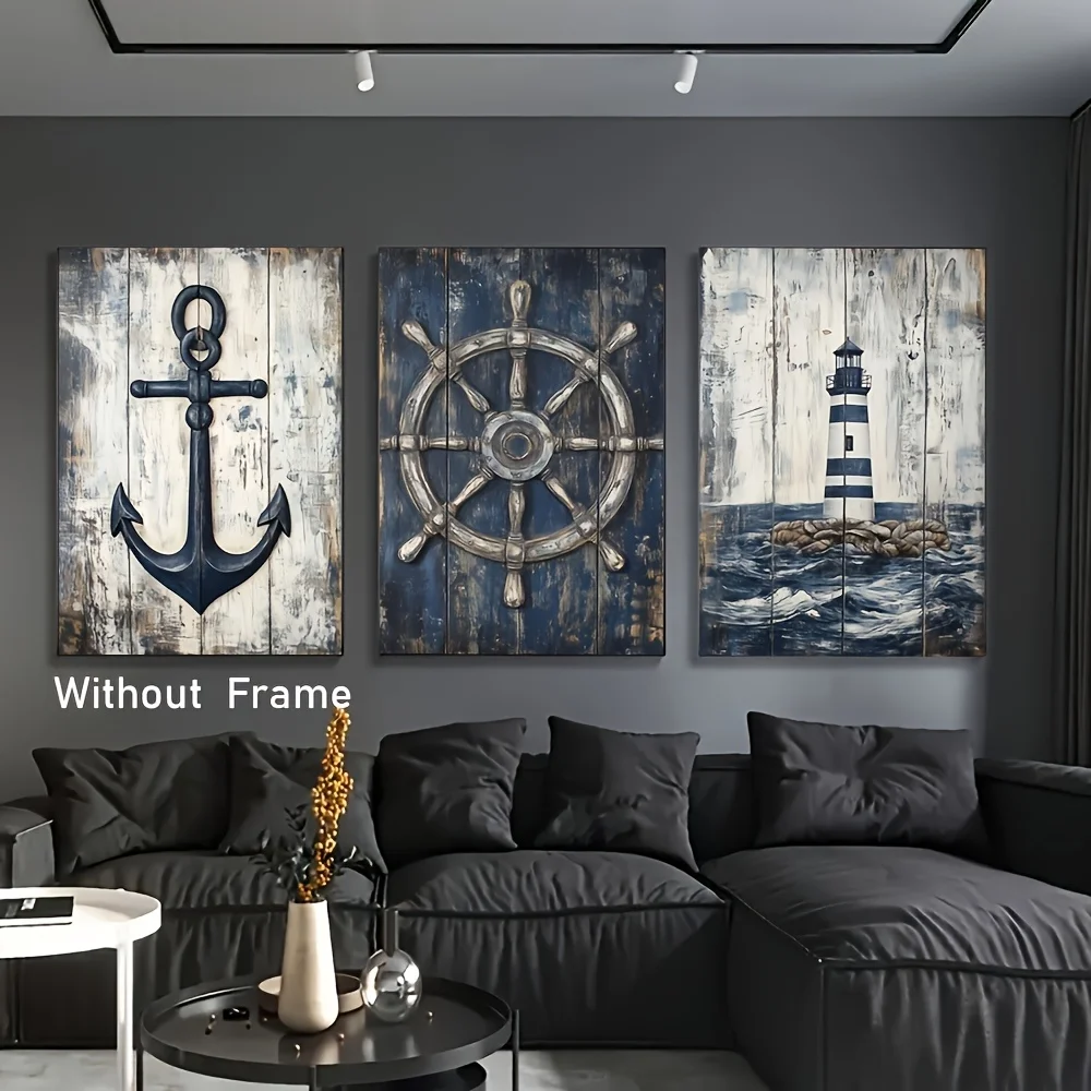 （No Frame 3PCS）-3pcs Unframed, Sea Theme - Old Style Lighthouse, Anchor, Compass Print, Decorative Painting Large Size Canvas