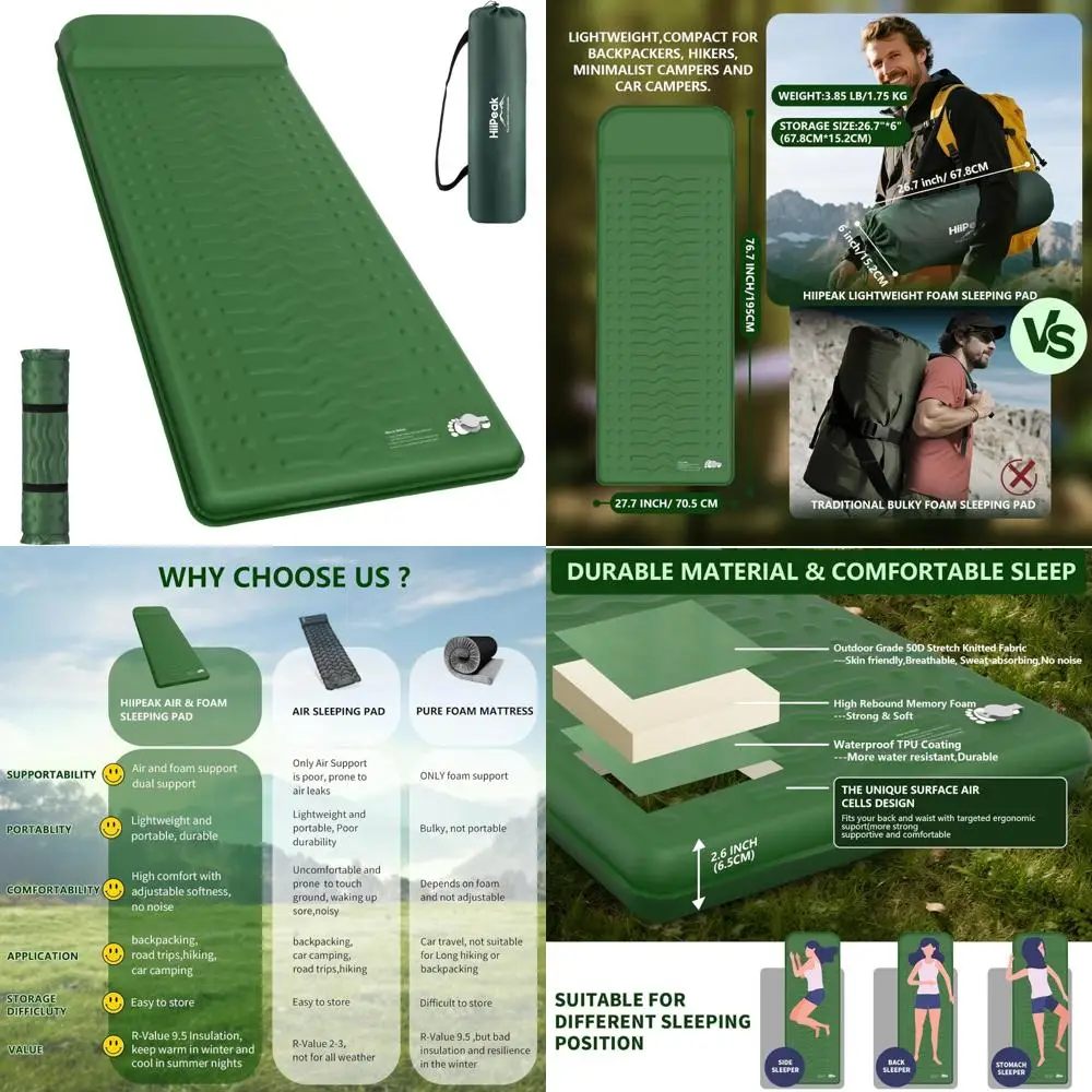 بساط نوم قابل للنفخ مريح للغاية مع وسادة، عزل عالي R-Value 9.5، رغوة مدمجة وسميكة للتخييم في الهواء الطلق #1